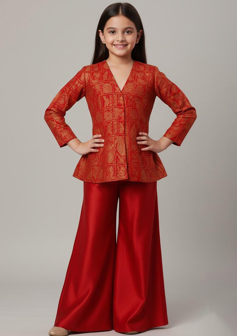 Girls Red Brocade Sharara Set