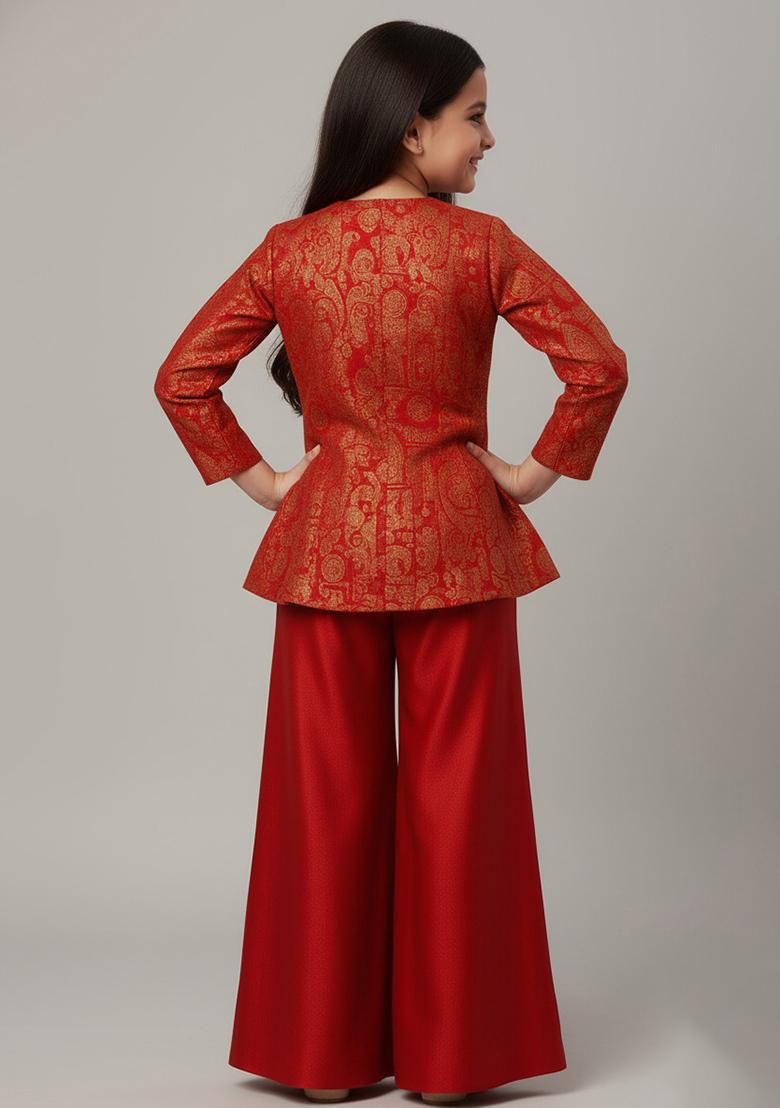 Girls Red Brocade Sharara Set - Indya