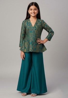 Girls Turquoise Blue Brocade Sharara Set