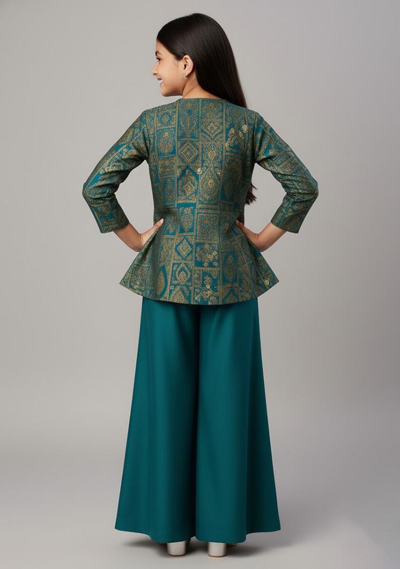 Girls Turquoise Blue Brocade Sharara Set - Indya