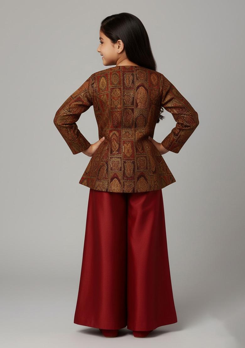Girls Maroon Brocade Sharara Set - Indya