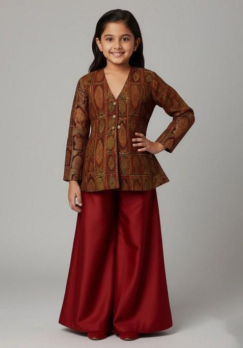 Girls Maroon Brocade Sharara Set