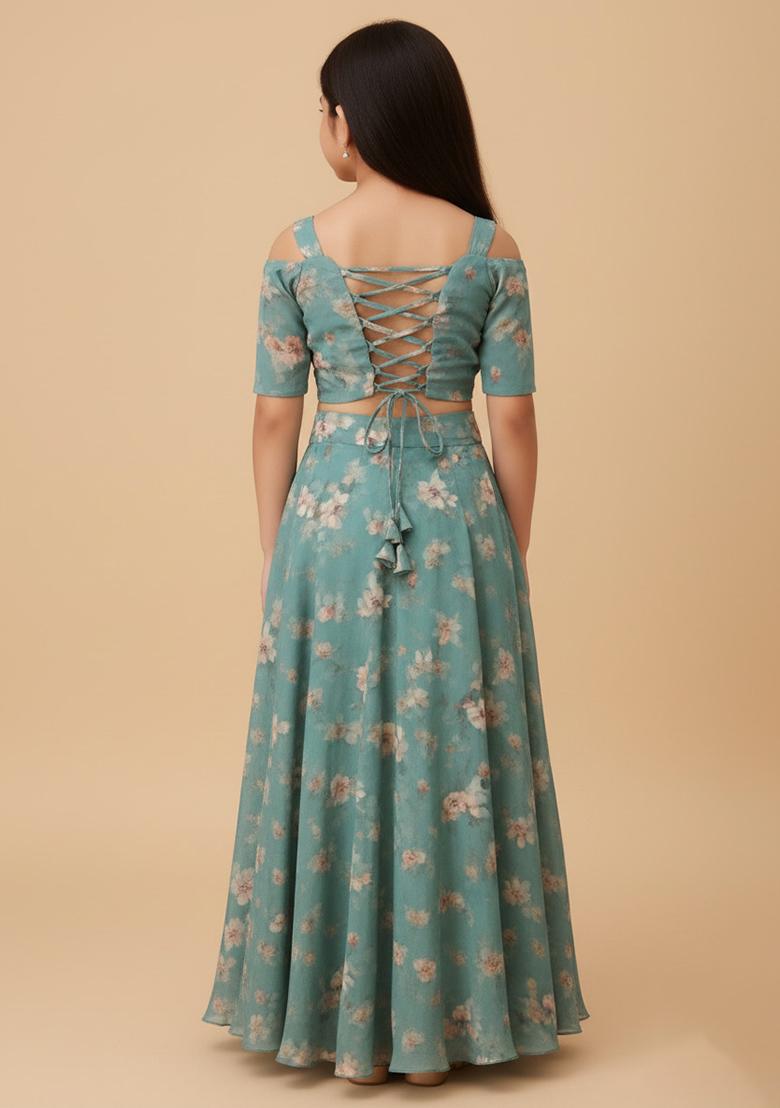 Girls Blue Floral Print Sharara Set