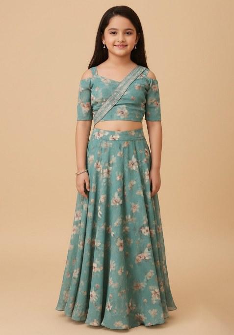 Girls Blue Floral Print Sharara Set
