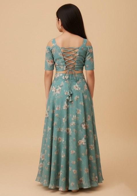 Girls Blue Floral Print Sharara Set