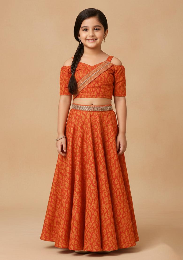 Girls Orange Floral Print Fusion Set - Indya