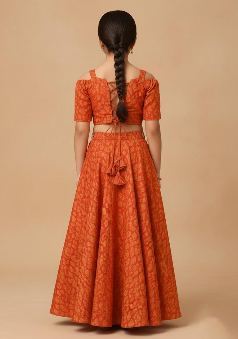 Girls Orange Floral Print Fusion Set - Indya
