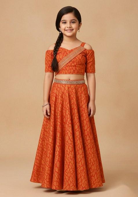 Girls Orange Floral Print Fusion Set