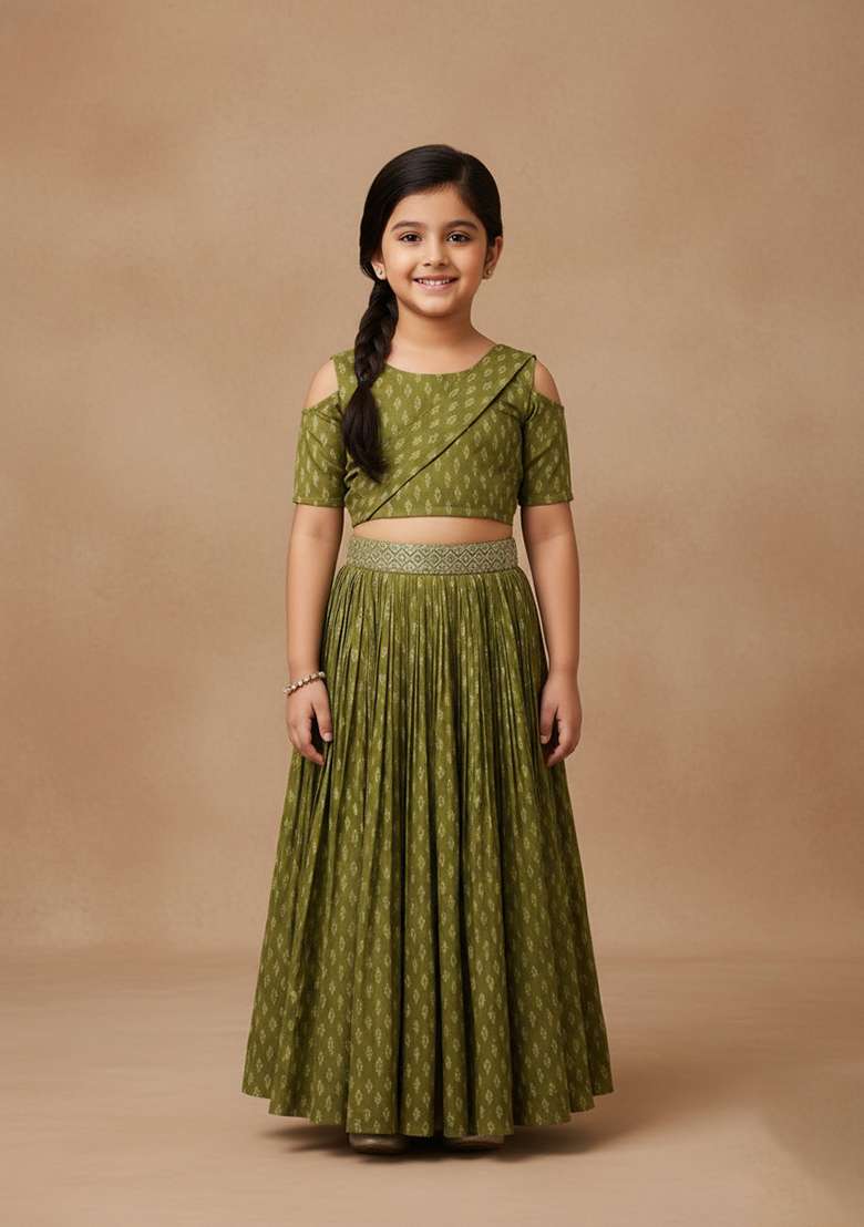 Girls Green Figure Print Fusion Set - Indya