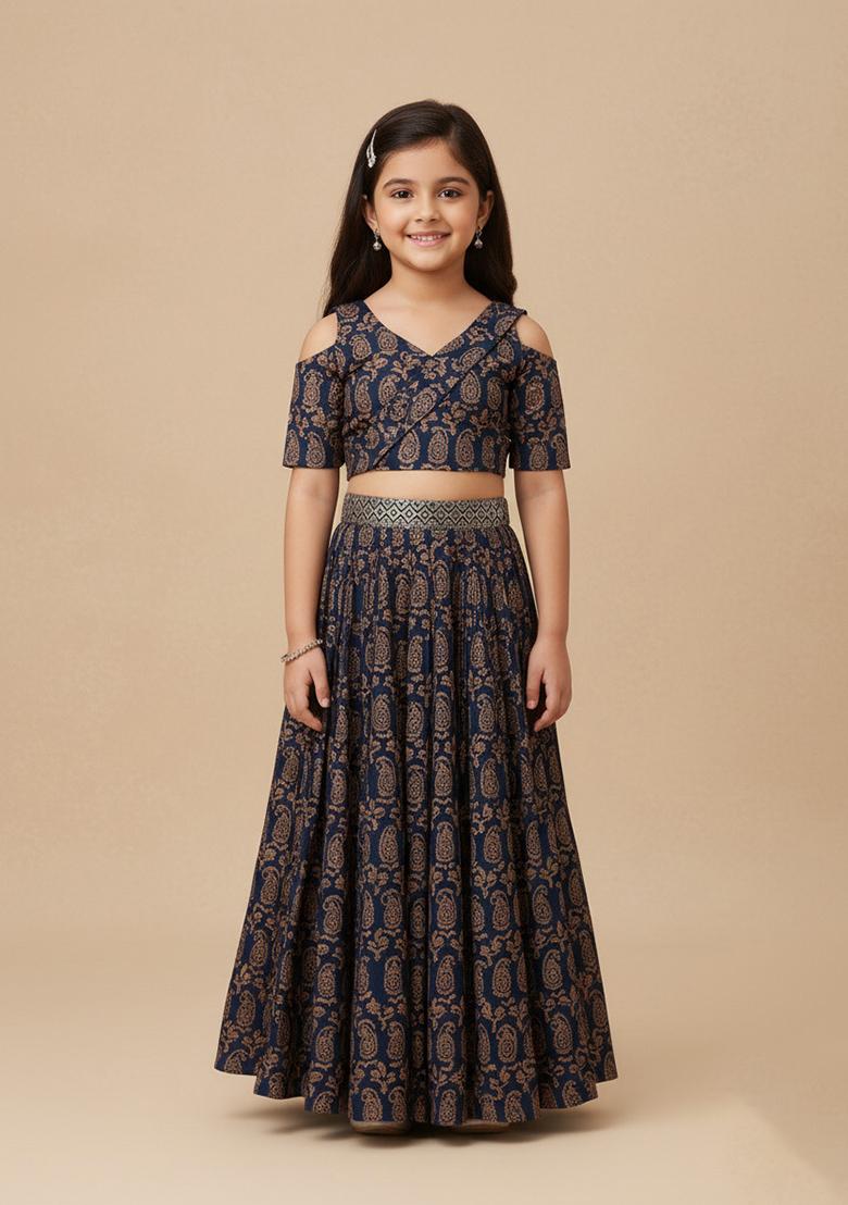 Girls Blue Figure Print Silk Fusion Set - Indya