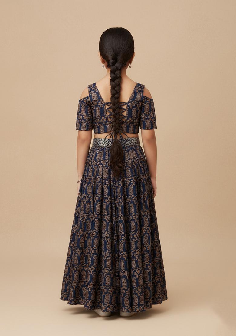 Girls Blue Figure Print Silk Fusion Set - Indya