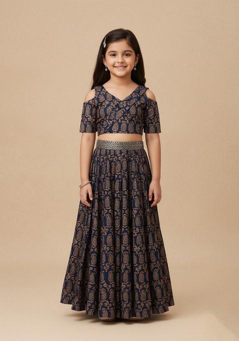 Girls Blue Figure Print Silk Fusion Set