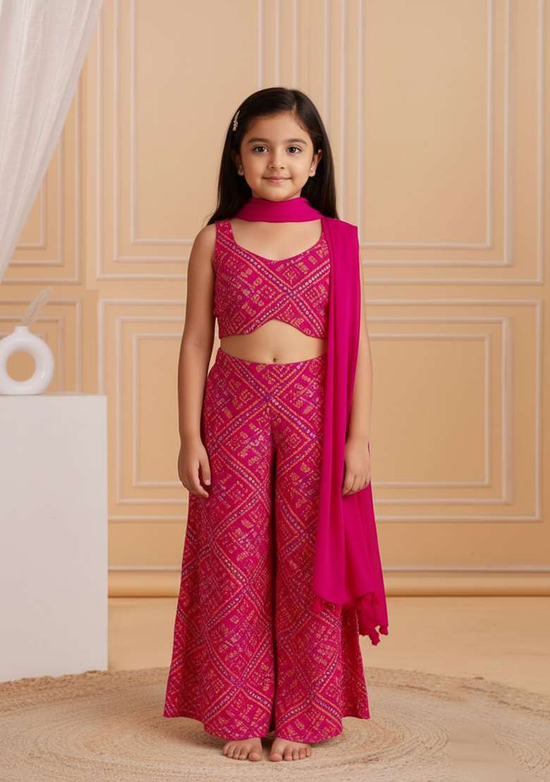 Girls Pink Abstract Print Satin Fusion Set - Indya
