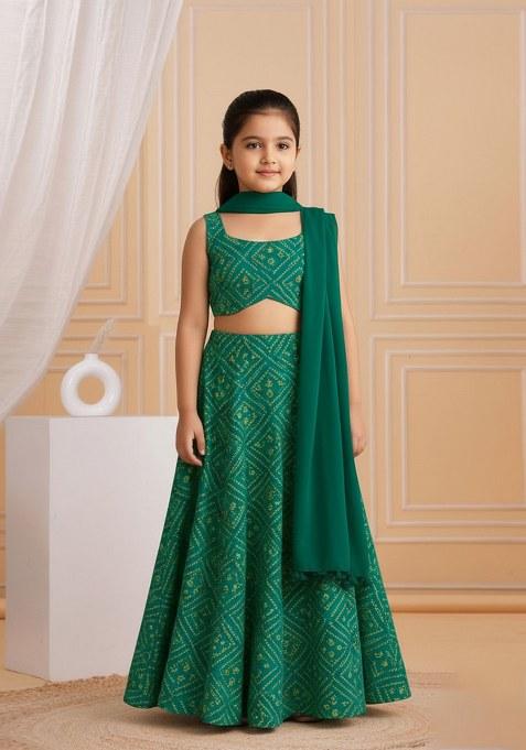 Girls Green Abstract Print Satin Fusion Set