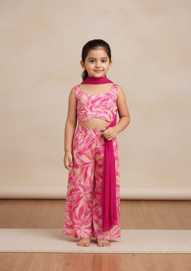 Girls Pink Abstract Print Satin Fusion Set - Indya