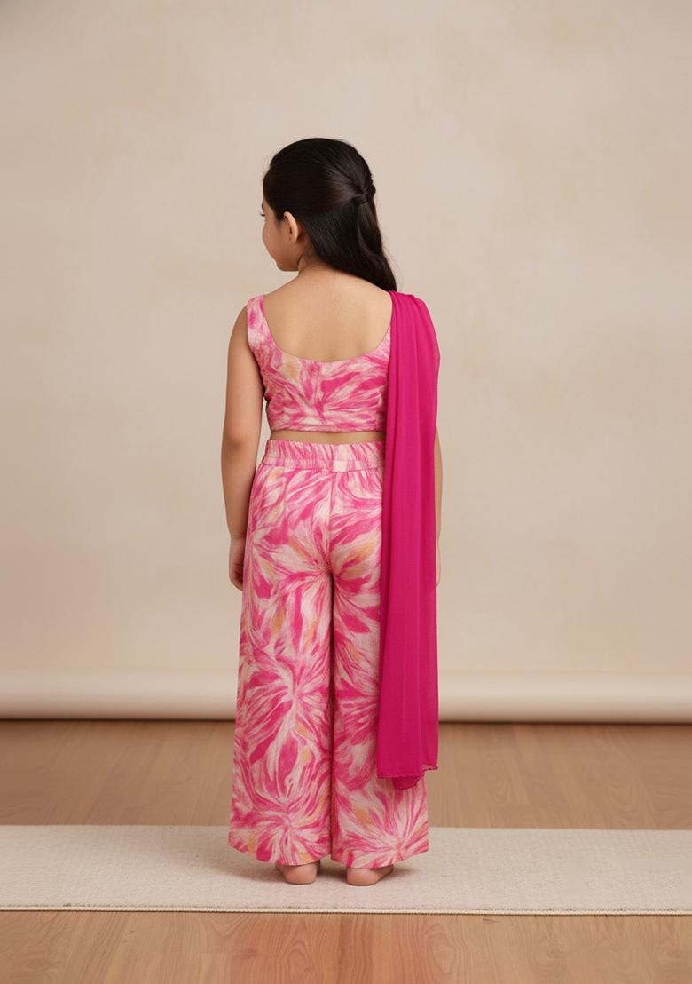 Girls Pink Abstract Print Satin Fusion Set - Indya