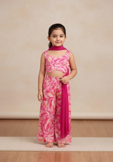 Girls Pink Abstract Print Satin Fusion Set
