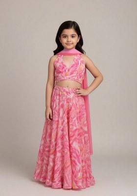 Girls Light Pink Abstract Print Satin Lehenga Set