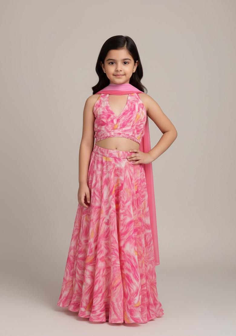 Girls Light Pink Abstract Print Satin Lehenga Set