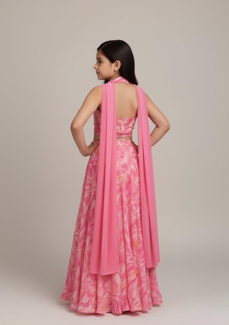 Girls Light Pink Abstract Print Satin Lehenga Set