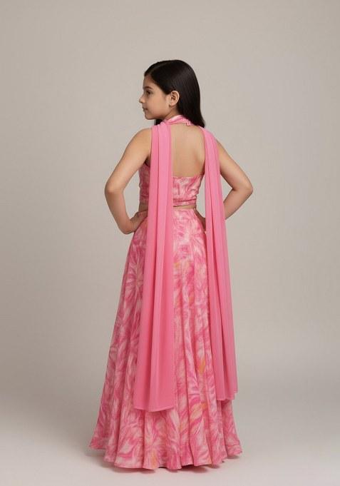 Girls Light Pink Abstract Print Satin Lehenga Set
