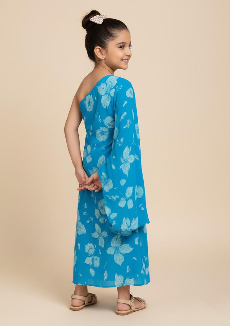 Girls Blue Floral Print Georgette Dress - Indya