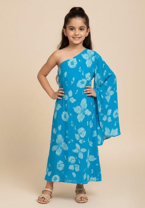 Girls Blue Floral Print Georgette Dress
