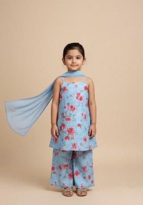 Girls Blue Floral Print Satin Fusion Set