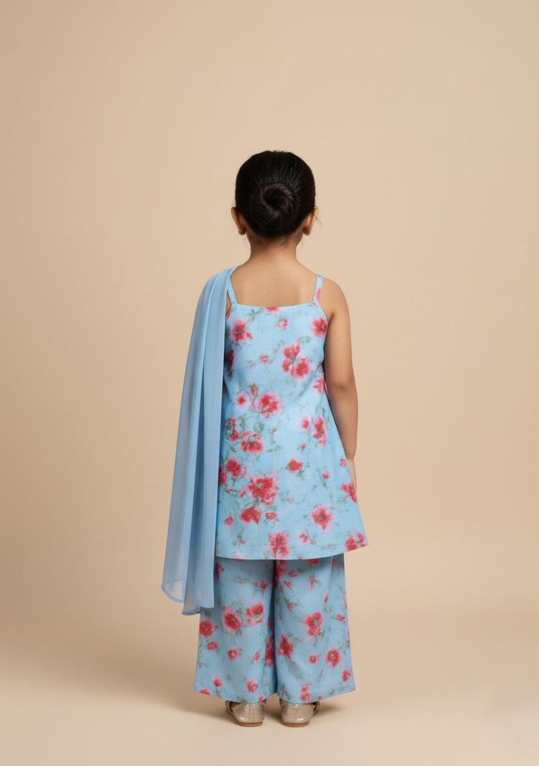 Girls Blue Floral Print Satin Fusion Set - Indya