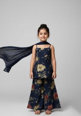 Girls Blue Floral Print Satin Fusion Set
