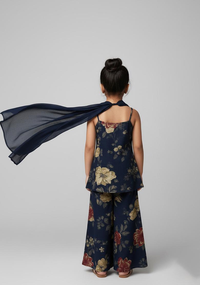 Girls Blue Floral Print Satin Fusion Set - Indya