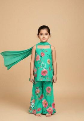 Girls Green Floral Print Satin Fusion Set