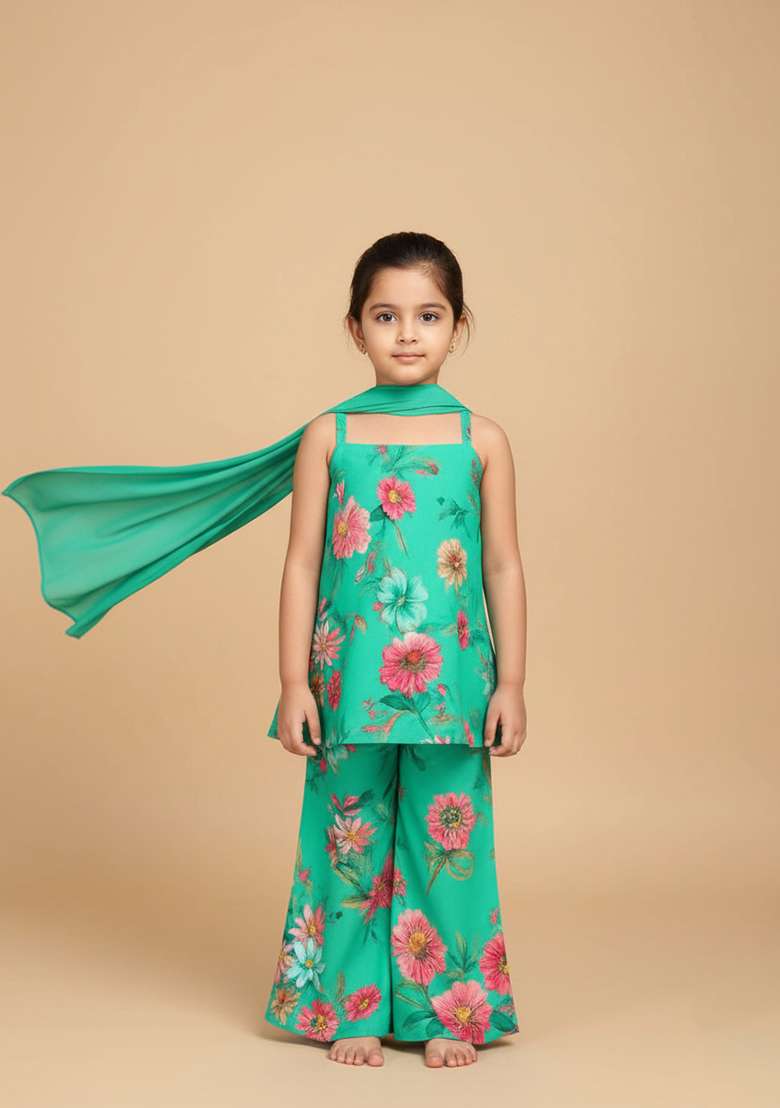 Girls Green Floral Print Satin Fusion Set - Indya