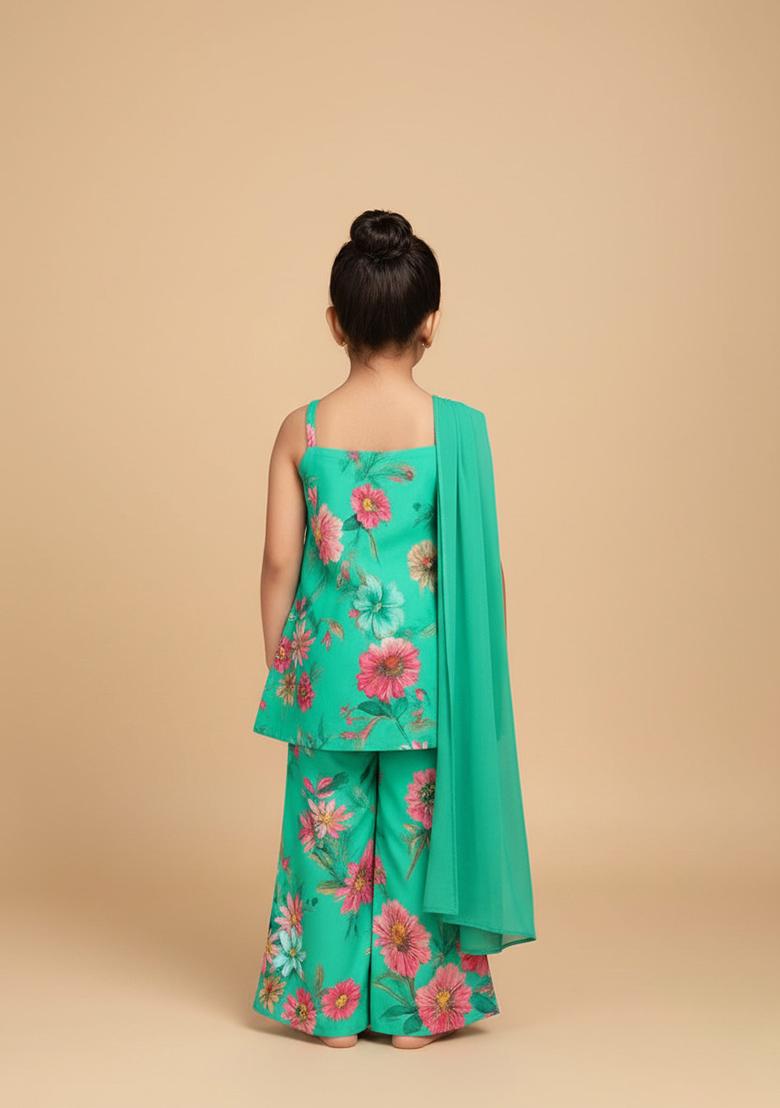 Girls Green Floral Print Satin Fusion Set - Indya