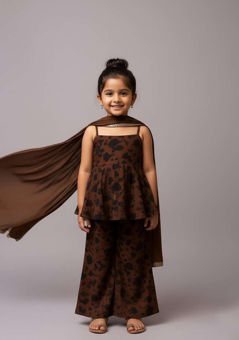 Girls Brown Floral Print Satin Fusion Set - Indya