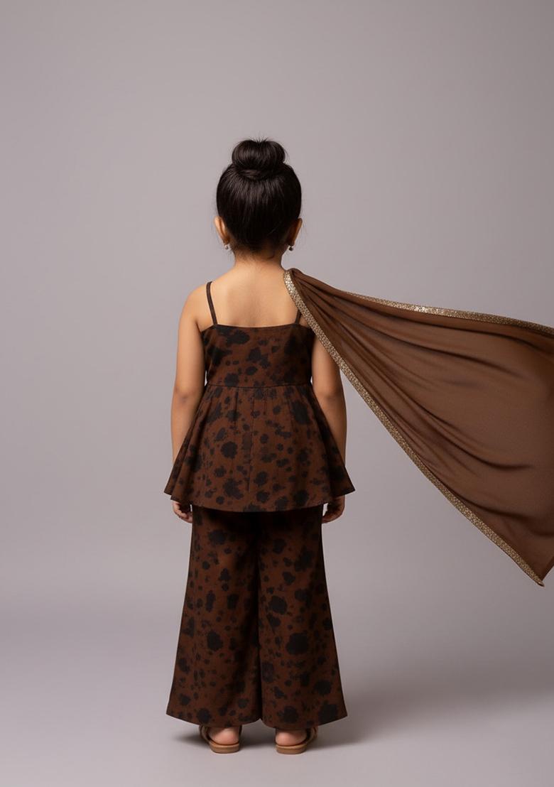 Girls Brown Floral Print Satin Fusion Set - Indya