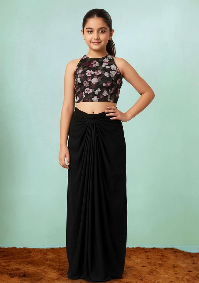 Girls Black Floral Print Satin Fusion Set - Indya