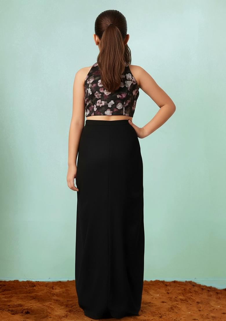 Girls Black Floral Print Satin Fusion Set - Indya
