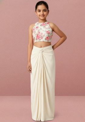 Girls White Floral Print Satin Fusion Set