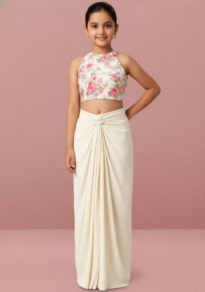 Girls White Floral Print Satin Fusion Set - Indya