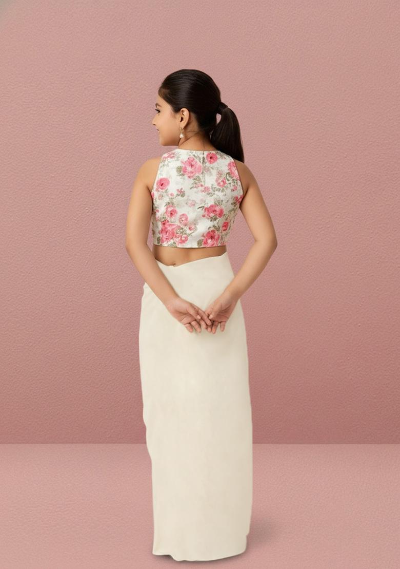 Girls White Floral Print Satin Fusion Set - Indya