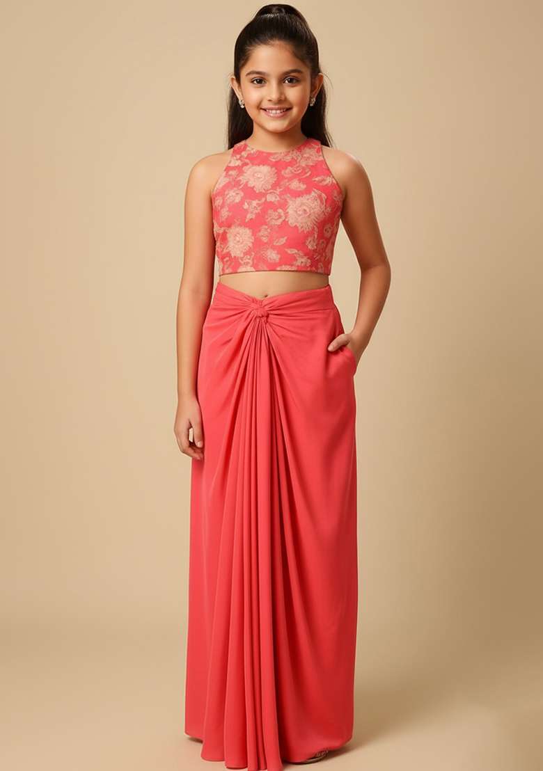 Girls Orange Floral Print Satin Fusion Set - Indya