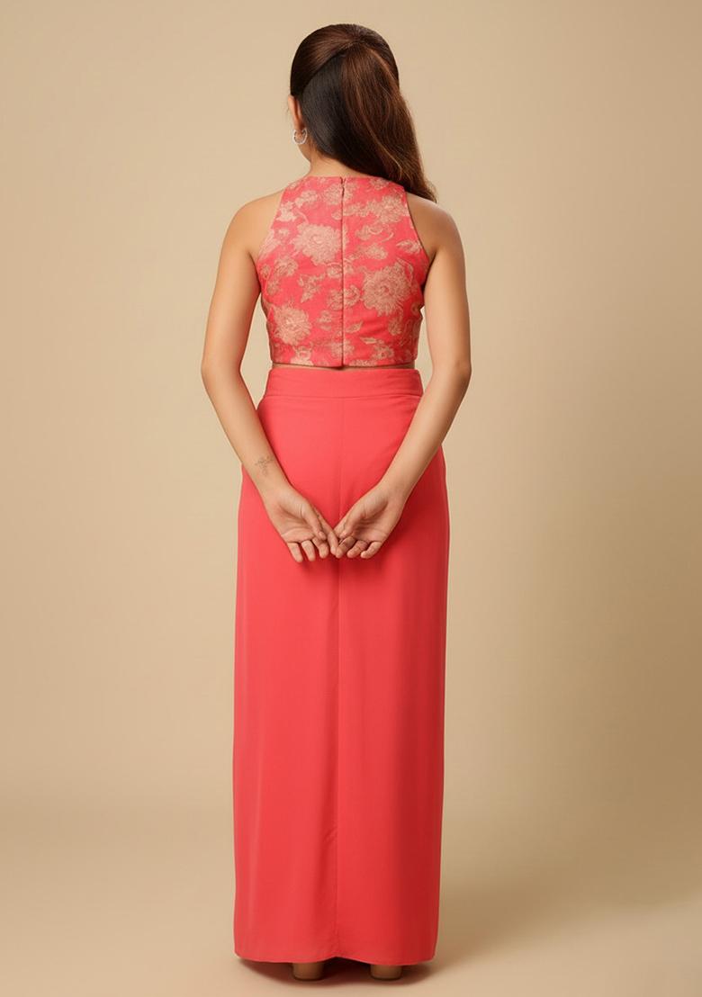 Girls Orange Floral Print Satin Fusion Set - Indya