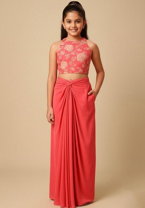 Girls Orange Floral Print Satin Fusion Set