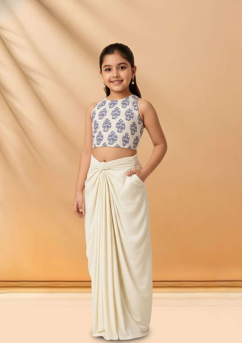 Girls White Figure Print Satin Fusion Set - Indya