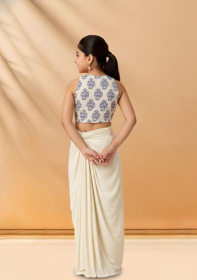 Girls White Figure Print Satin Fusion Set - Indya