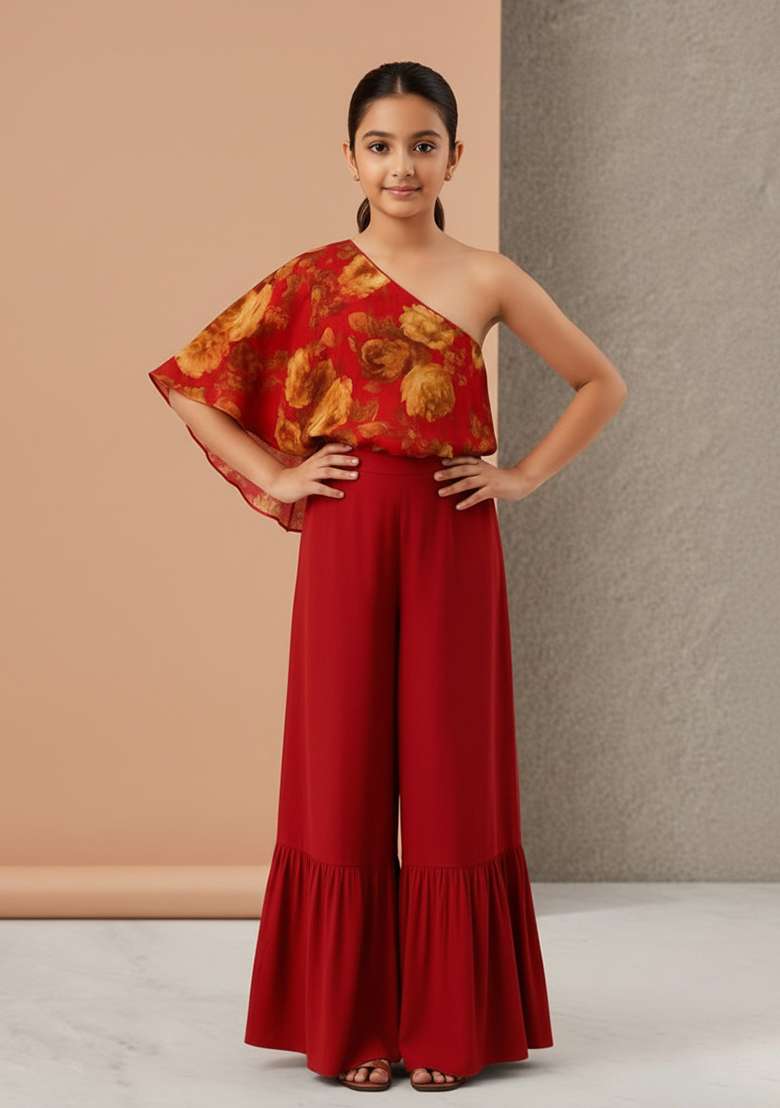 Girls Red Floral Print Satin Fusion Set - Indya