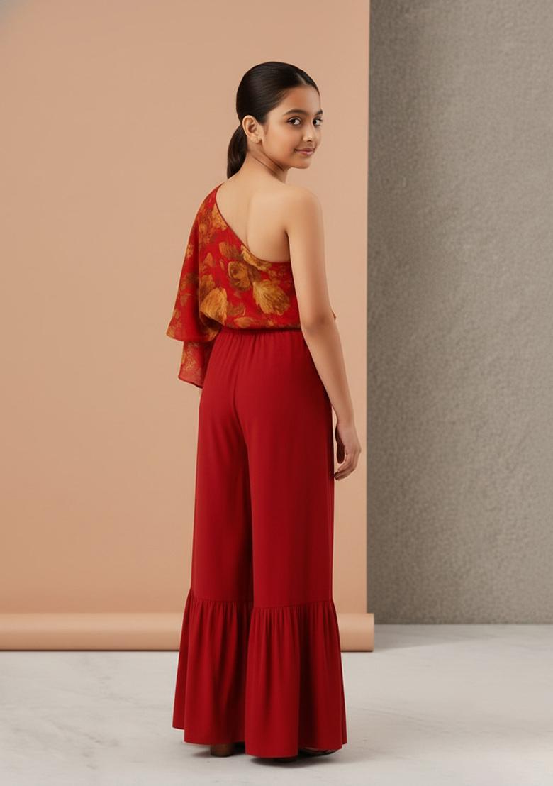 Girls Red Floral Print Satin Fusion Set - Indya