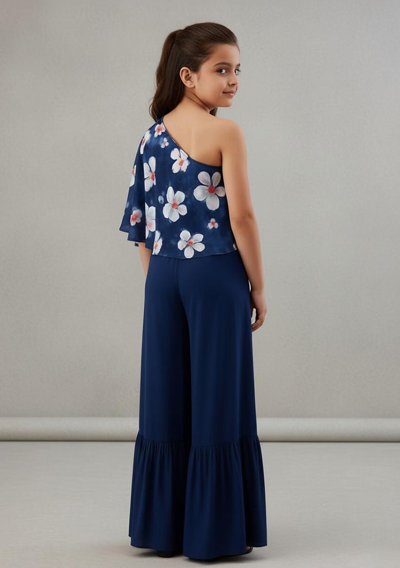 Girls Blue Floral Print Satin Fusion Set - Indya