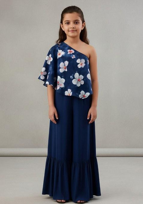 Girls Blue Floral Print Satin Fusion Set
